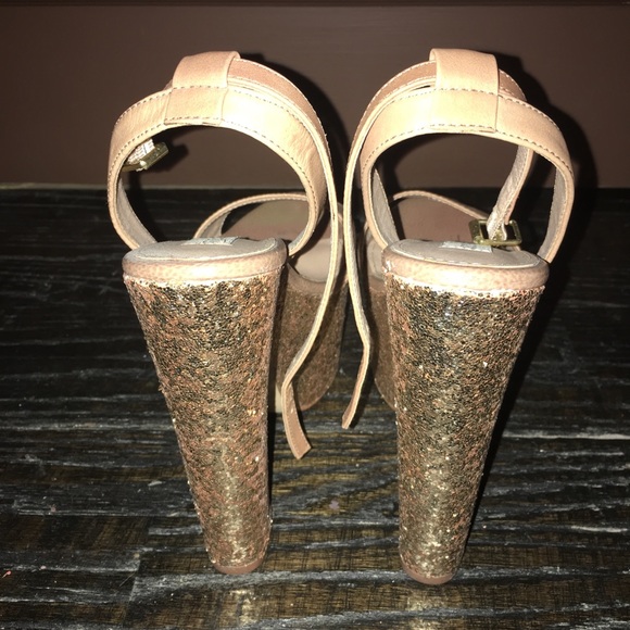 Steve Madden Y2K Shazzam Gold Glitter Nude Tan Leather Platform Heels Sz 6 - Picture 5 of 8